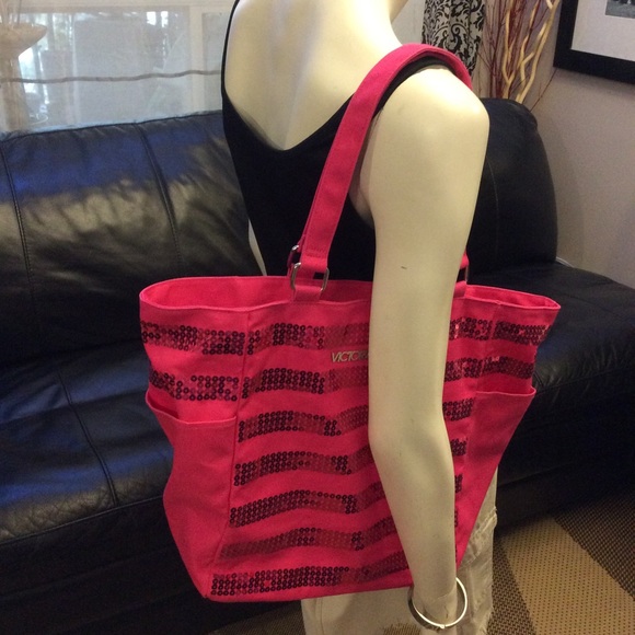 NWOT hot pink sequinned Victoria’s Secret tote - Picture 1 of 8
